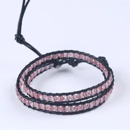 Strand Strawberry Crystal Pink Beads One Laps Weaving Black Leather Cord Armband