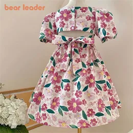 Girl s Dresses Bear Leader Girls Summer Puff Sleeve Floral Fashion Birthday Party Princess Vestidos 3 7 Y 230407