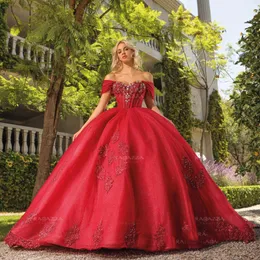 Rojo brillante princesa flor vestidos de quinceañera fuera del hombro apliques cuentas con cordones corsé capilla tren dulce 15 vestidos de xv anos