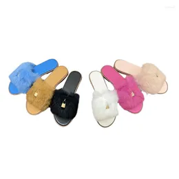 Slippers Fashion Brand Furry Plush Slipper For Women Luxury Designed Winter Home Living Solid Cut Flat Shoes With Lock Decoration