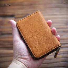 Card Holders LEACOOL Genuine Leather Men Women Holder Small Zipper Wallet Solid Coin Purse Accordion Design ID Business Bags