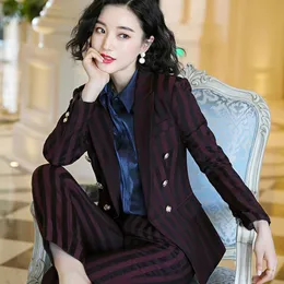 Damskie garnitury Blazers Izicfly Autumn Office Business Red Striped Blazer Zestaw z mundurem spodni Plus Size Pants Suit Women W.