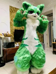 Çizgi film fursuit yetişkin yeşil uzun tüylü tilki köpek husky maskot kostüm anime karakter doğum günü maskesi parti cadılar bayramı peluş