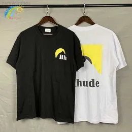 Мужские футболки Желтая винтажная лунная безумия футболка Rhude Мужские женщины 1 1 повседневная негабаритная пара из любовников с коротким рукавом с коротким рукавом