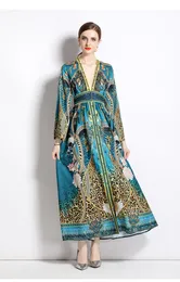 2023 الفساتين غير الرسمية SSPRING SEMISS SEXY V NECK Single Single Holiday Boho Chiffon Dress Women's Flare Sleeve Leopard Print Long Maxi Vestidos