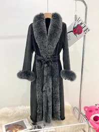 Пальто из натурального меха, женская длинная куртка, зимние парки, воротник из лисьего меха, утолщенная теплая верхняя одежда с поясом, большие размеры, уличная одежда, топы черного цвета