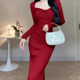 Casual Dresses Autumn Elegant Red Knitting Bow Dress Women Korean Fashion Designer Sweater Female Party Midi 2023