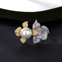 European Zircon Pearl Large Flower S925 Silver Open Ring Fashion Women Plated 18k Gold Personalized Earrings Women Wedding Party Valentine's Day Christmas Gift SPC