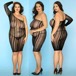 JSY Plus Size Sexy Bodystocking Schwarz Bodysuit Mesh One Shoulder Damen Kleid Unterwäsche Erotische Dessous Porno Kostüme
