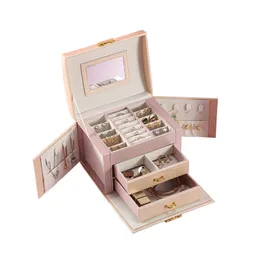 Smyckesinställningar Luxury Threetier Storage Box med spegel Portable Silk Thread Studörhängen Ring 230407