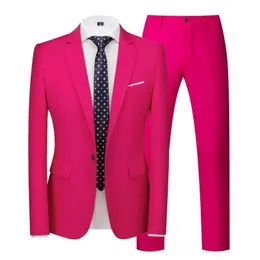 Męskie Polos Fashion 2 -częściowe różowe garnitury na cele weselne Piromsmen Slim Fit Business Pant Solid Color Tuxedos Suit 231107