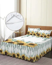 침대 스커트 유칼립투스 잎 해바라기 꽃 탄력적 인 침대 베개 매트리스 커버 침구 세트 시트