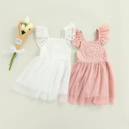 Vestidos de menina Baby and Children's Lace Tutu Dress Baby and Girl Solid Flight Sleeves Patch decote em Voneio de trabalho 100% algodão branco rosa 1-5t 230407