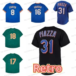 Mike Piazza Button-Up Jersey Darryl Strawberry 17 Keith Hernandez 16 Dwight Gooden Gary Carter 풀오버 메시 남성 스티치 Jerseys 셔츠 그린 블루 셔츠