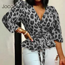 Damenblusen Hemden Jocoo Jolee Vintage Leopardenmuster Schnürschärpen Tunika Tops Bürodame V-Ausschnitt Slim Bluse Freizeithemden Bürokleidung T-Shirt