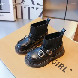 Stövlar 2023 Autumn Children's Socks Korean Style Fashion Girls Princess Leather Soft Sole Kids Simple Buckle Pu
