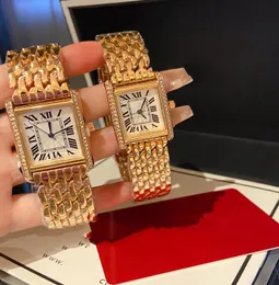 Luxo His and Her Watches Set Settage Tank Watches Diamond Gold Platinum Retangle Quartz Watch Stainless Steel Fashion Presentes para Casal