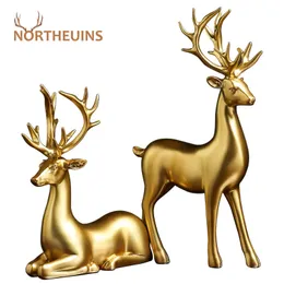 Decorative Objects Figurines NORTHEUINS Resin Golden Coupe Deer Figurines for Interior Nordic Animal Station Official Sculpture Home Decoration 230406