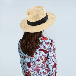 Berets Sun Straw Hats Natural Wheat Boater Top Hat 2023 Gorro Women Summer Beach Flat Brim Cap Wstążka na wakacje sombreros de so