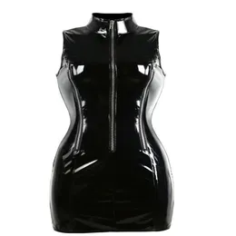 Hochwertiges Gothic Punk High Collar Ärmelloses Catsuit Bodycon Damen Schwarz PVC Minikleid Glänzender Reißverschluss Wet Look Vestido Nig289w