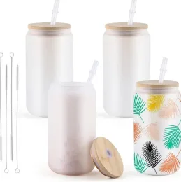 ABD Depo 16oz Buzlu Süblimasyon Tumbler Bambu Kapağı ile Buzlu Kahve Bardakları Hediyeleri için Tumbler Boşluklar DIY BB0408