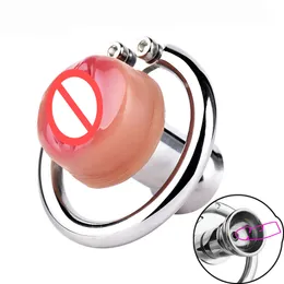 Inverted Chastity Cage with Urethral Shape Dildo for Male Stainless Steel Penis Lock BDSM Cock Rings Toys