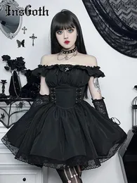 Casual Dresses Insgoth gotisk draperad bodycon klänning kvinnors lolita mini vintage punk ruffled puffhylsa en linje sväng kort goth