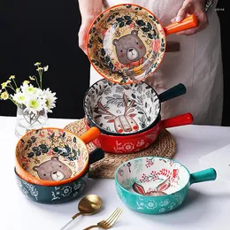 Bowls 1 Pc Cartoon Forest Animal Design Single Handle Ceramic Bowl Noodle Large Creative Restaurant Household Flower