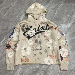 FALECTION MENS 22SS SAINT MICHAEL Denim tårar blomma tryckt nödställda hoodie hål tröja män topp pullover19