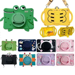 Kids Cute Cartoon Silicone Tablet Cases For iPad 10.2 10.5 10.9 mini 1/2/3/4/5 6 9.7 11 360 Rotation Shockproof Cover stand Hand Holder with Shoulder Strap