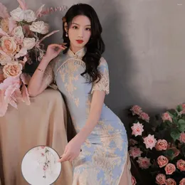 Ethnic Clothing Lace Water Blue Cheongsam For Young Girls Retro Improvement Daily Slim Fit Dress Spring/Summer Style Temperament Girl