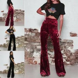 Women's Pants & Capris Fashion Womens Solid High Waist Crushed Gold Velvet Bell Bottom Ladies Stretch Wide Leg Long Palazzo Trousers Flare