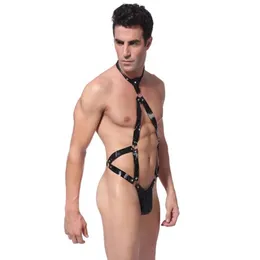 Traje sexy macacão masculino com oco sexy imitação divertida preto couro envernizado encadernação terno de jogo