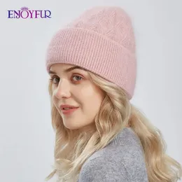 Beanie/Skull Caps ENJOYFUR Women Winter Angora Wool Hats Thick Warm Fluffy Rabbit Hair Knit Hat Female Double Layer Solid Color Casual Skull Cap 231108