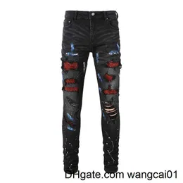 Mäns jeans män kristall sträcka denim magra jeans målade hos rippade avsmalnande byxor streetwear lapptäcke svarta byxor 0408h23