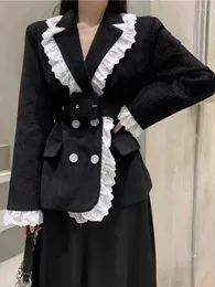 Two Piece Dress Insozkdg Vintage 2pcs Set Korean Retro Hit Color Ruffle Spliced Belt Blazer Jacket Coat Long Skirt Women Suits Harajuku