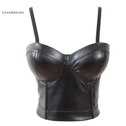 Charmian donna sexy cinturino in ecopelle bustier racer bustier top corsetti in pelle e bustier gotico pu crop top reggiseno Y190712715