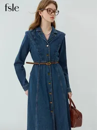 Vestidos informales Fsle estilo retro temperamento vestido de mezclilla de algodón puro para mujer 2023 otoño chic cintura alta delgado de un solo pecho con cinturón