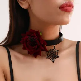 Колье в готическом стиле с воротником из розы, ожерелье на Хэллоуин, женские ювелирные изделия, винтажные черные кожаные подвески в виде паутины, ожерелья, ожерелья