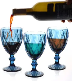 Vintage Glass Goblets Embossed Stemmed Glasses Assorted Colored Drinking Glasses for Wine Water Juice Beverage 064526