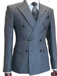 Herrdräkter blazrar grå stripe mäns kostymer för brudgummen tuxedos toppade lapel smal fit blazer 2 bitar jacka byxor man skräddarsydd slitkläder 231109