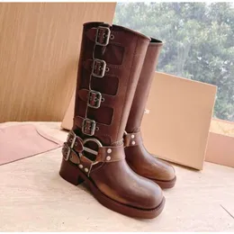 Boots Biker Knee High Cowboy Style Over the Knee Brown Leather Boot Cowgirl Round Toe Chunky Heel Martin Harness Booties 10a Quality Muimuise Boot
