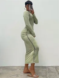 Casual Dresses WLWXR Fall Streetwear Fashion Bodycon For Women 2023 O Neck Long Sleeve Dress Club Outfit Solid Green Maxi Female