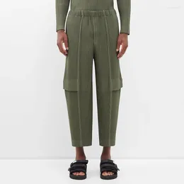 Men's Pants Miyake Pleated Overalls Military Green Nine-point Four-season Casual Loose Japanese