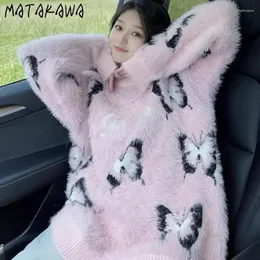 Suéter das Mulheres Matakawa Y2K Impressão Borboleta Mulheres Vintage Grosso Quente Coreano Moda Solta Pull Femme Outono Inverno Pulôveres Macios