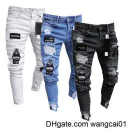 Jeans masculinos White Broidery Jeans Men Algodão Cotton Ripped Jeans Skinny de alta qualidade Hip Hop Black Ho Slim Fit Geralmente calças de jeans 0408H23