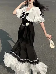 Arbetsklänningar franska vintage fairy klänning kvinnor spets koreanska 2 stycke set kvinnlig 2023 sommar kawaii kläder lolita midi jämnt fest