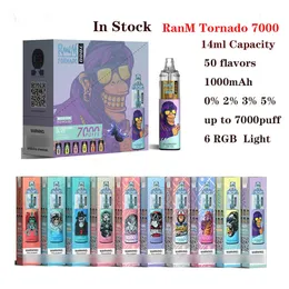 Randm Tornado 7000 Puffs Vape Kits Disponível Pen e cigarros 0% 2% 3% 5% 14ML Mesh bobina 6 Cores brilhantes 54 Sabores