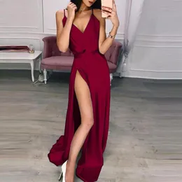 liva girl Women Long Silk Dress Ladies V Neck Solid High Waist Party Dresses Summer Spaghetti Strap Sexy Split Maxi Dress Y01182626