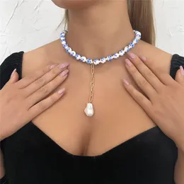 Hänghalsband 2023 Trend Etnisk stil blå och vit rispärla lady halsband med ädelsten stark kedja